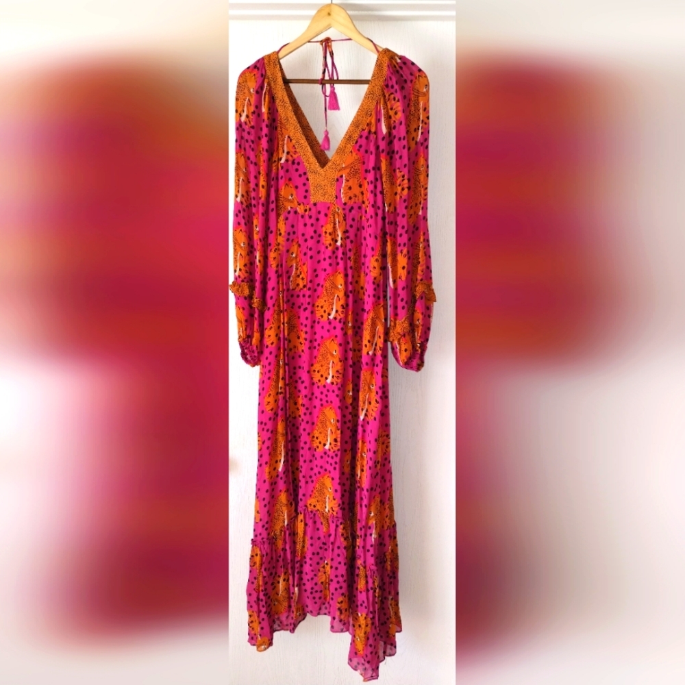 Farm Rio Anthropologie pink/mustard cheetah print with polka dots maxi dress.